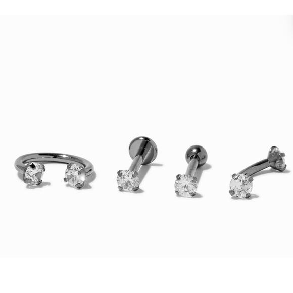 New Claire's Silver-tone Titanium Cubic Zirconia 16G Labret Lip Studs - 4 Pack - Picture 2 of 6